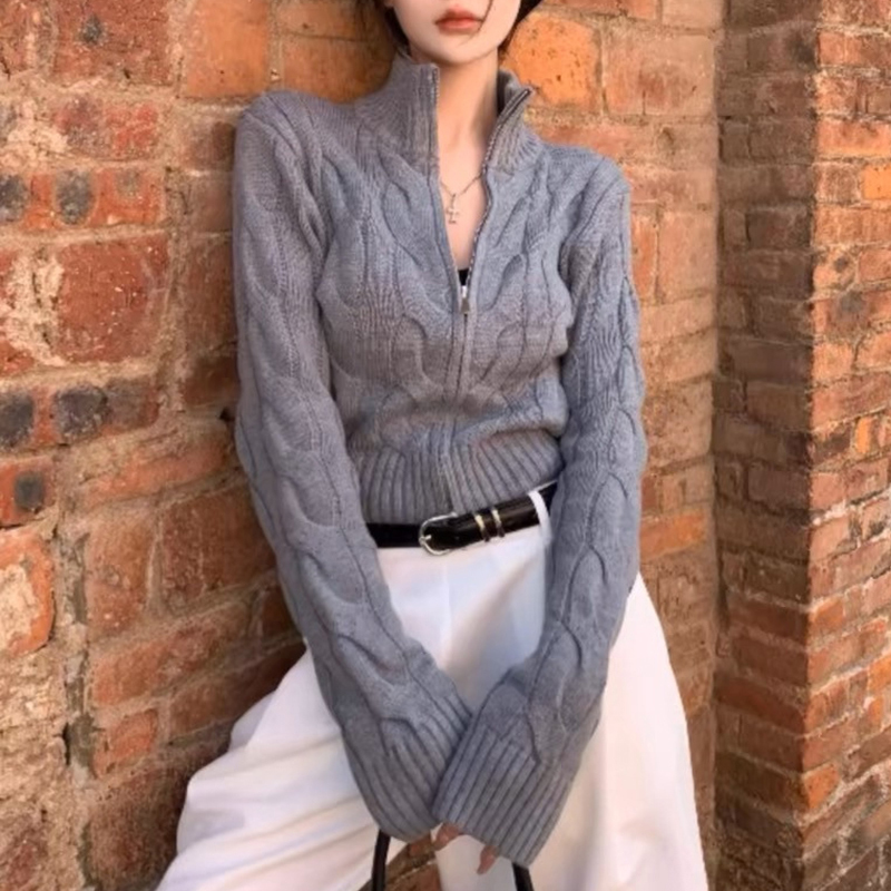 Crop Cardigan Vintage - Amerikanische Strickjacke mit Rollkragen für Damen,