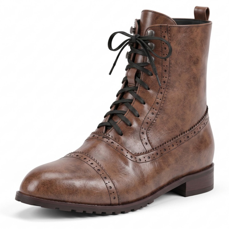 Vintage Fashion Rome - Damen Retro Schnür-Lederstiefeletten, modische Vintage-Stiefeletten im