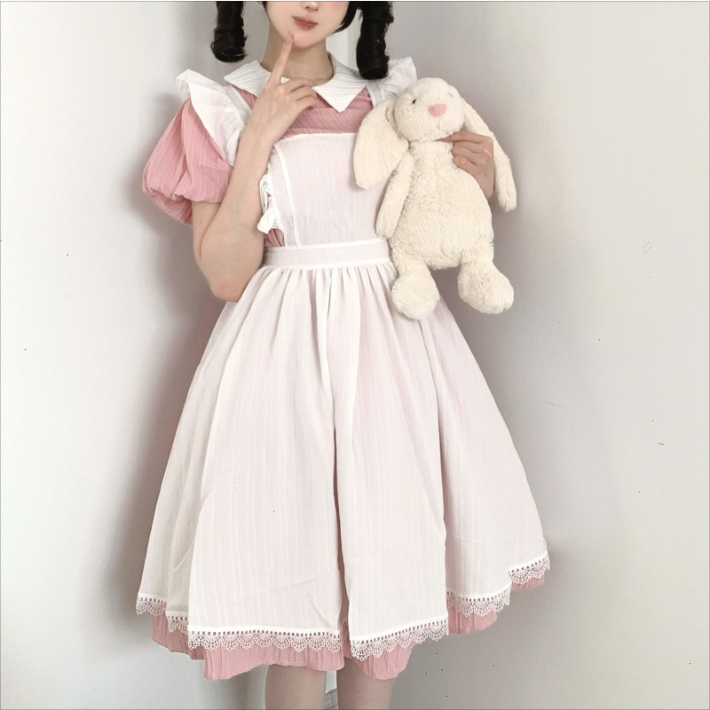 Vintage Fashion Dresses - Langes Rosa-Weißes Dienstmädchenkleid mit Peter-Pan-Kragen, Rüschen-Schürze,