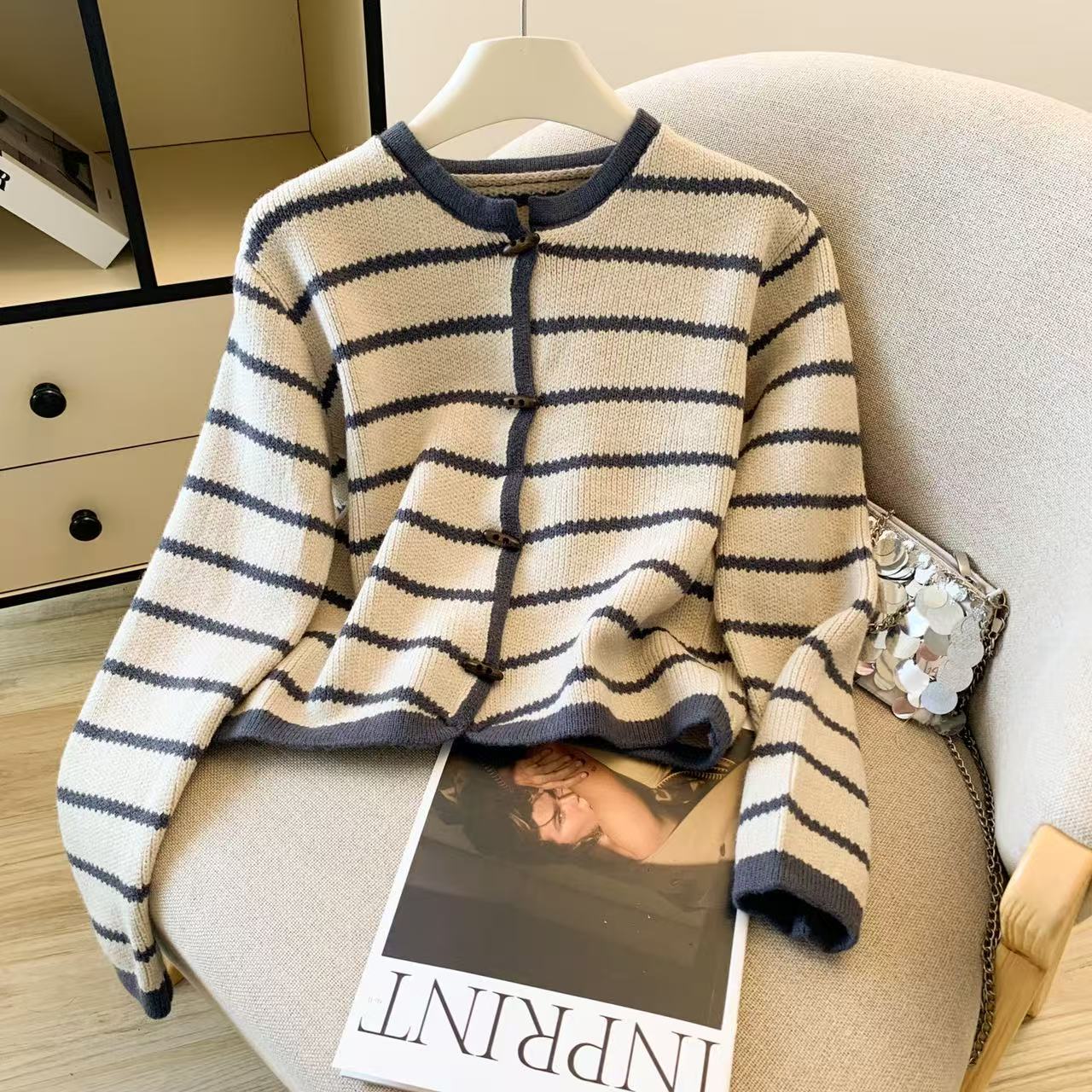 Gestreifter Strickjacke mit O- – Crop Cardigan Vintage Bewertung und Preis